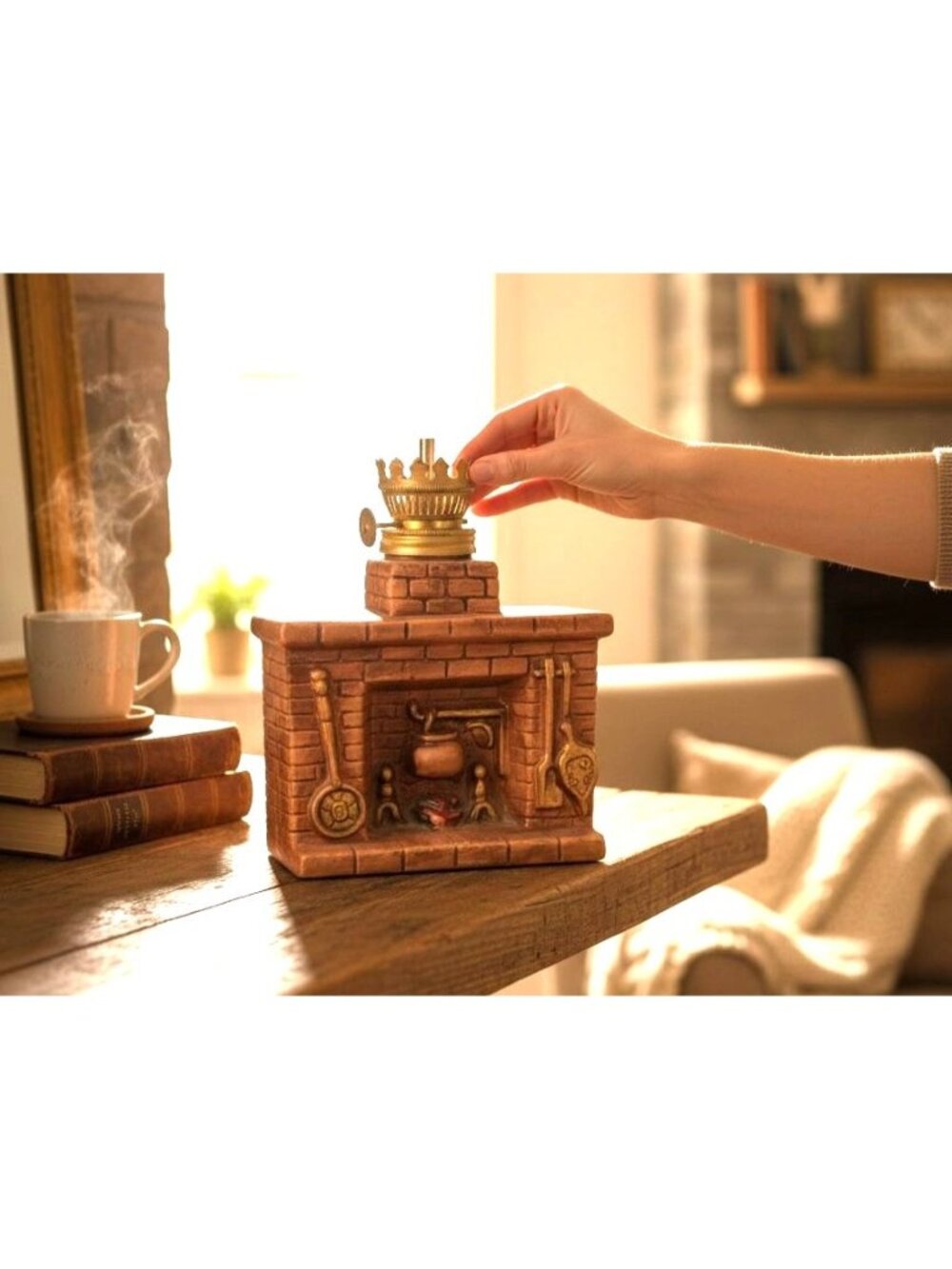 Miniature Fireplace Oil Lamp With Brass Crown & Brick Design